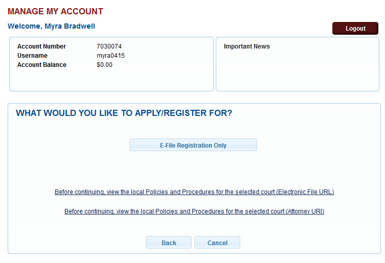 Register for efiling Privileges